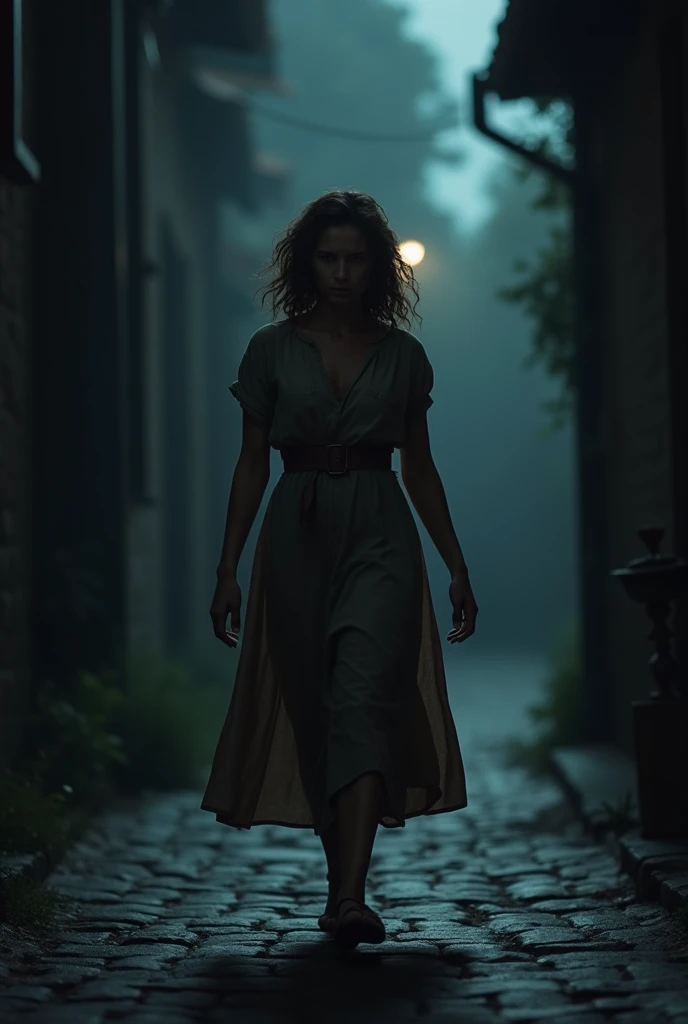 Woman with wavy brown hair disheveled, her body physiognomy, sturdy and filled, neither too skinny nor too fat, It's nighttime and it's very dark and you're walking down a street made of stones , wears a long and worn dress she is tired and her face shows ...