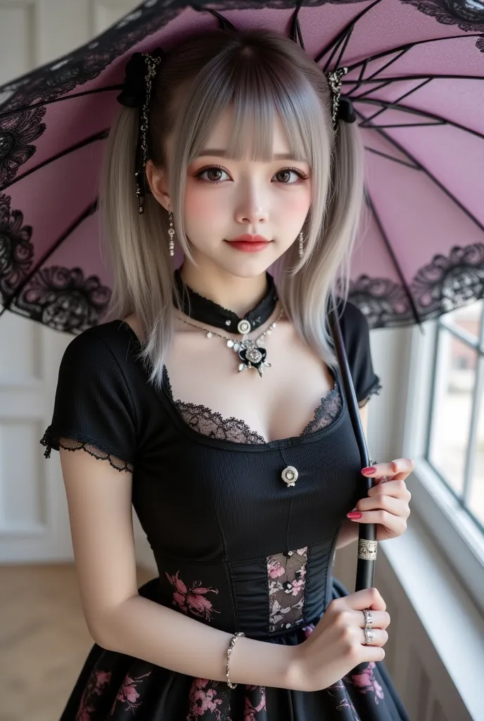  super realistic, Realistic,  Dramatic Scene ,  Shadow , Full-area lighting, alone,  1 woman with an umbrella\( age japanese gothic girl , Japanese Girls ,   is very beautiful， Very Cute Face  , Big Breasts, Slim Waist,  Blonde Ponytail , Wear a fitted sho...