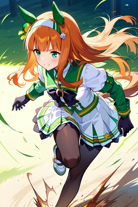  best quality 、masterpiece、 1 girl、 Silence Suzuka、  Uma Musume、smile、 long hair、 animal ears 、 ear covers、 orange hair、 band、(( tea hair))、 horse tail、 green sailor color 、 black ribbon、 white shirt、 layered sleeve 、Green Sleeves、 black gloves、 white skirt、 black pantyhose、Running with a forward lean, stepping on the ground, looking from the side, cutting through the wind, gaining speed、A dignified face, a serious face, looking ahead,Wear an aura around your body、