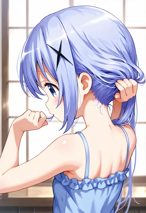 adjusting hair,push one’s hair back, nape of neck, hold hair clip in mouth ,1girl,(loli), camisole,kafuu chino, (petite),very cute ,small breasts,Original style, Very high quality, soft to the touch, beautiful,super detailed skin, high resolution, novel il...