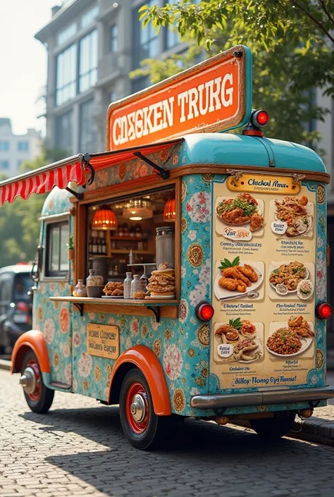 The food truck should have wallpaper on it and a menu printed on it.And the menu should have chicken varieties like chicken burger. Chicken Wings. chicken rice.gyrose pita. Chicken wrap.