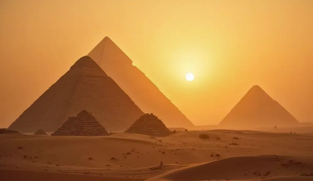 Create an image of the Egyptian pyramids at sunset, with a golden hue casting shadows over the sand dunes. The Great Pyramid of Giza should be prominently featured, and the Sphinx should be slightly visible in the background. The scene should evoke a sense...