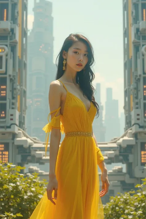 Korean woman in a yellow dress, A futuristic world 