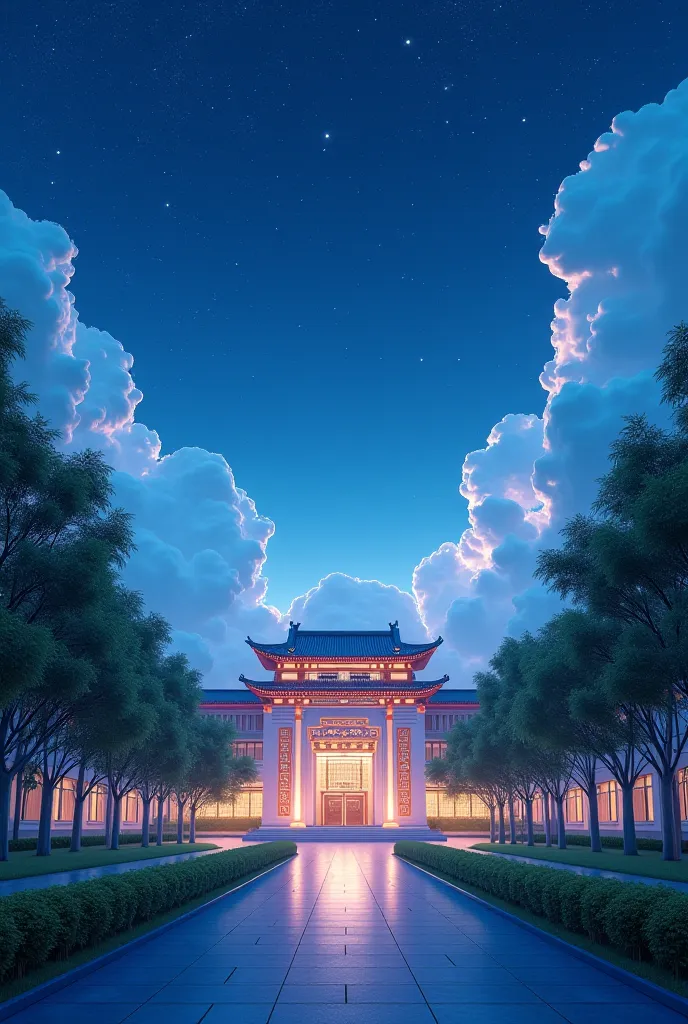 A picture of a beautiful school in the dark blue night and sparkling clouds. The school is surrounded by green trees and the picture is written Chinese dream 