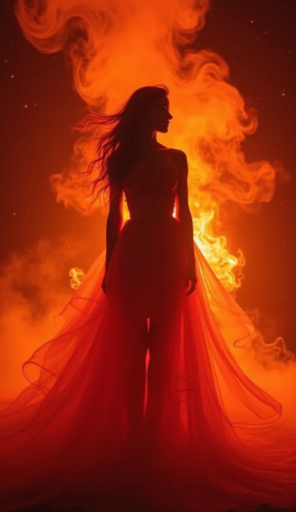 A silhouetted figure of a woman stands at the center of the image, surrounded by swirling wisps of smoke or mist, glowing in shades of deep red and fiery orange. The woman appears ethereal and ghostly, her body entwined in flowing fabric resembling a dress...