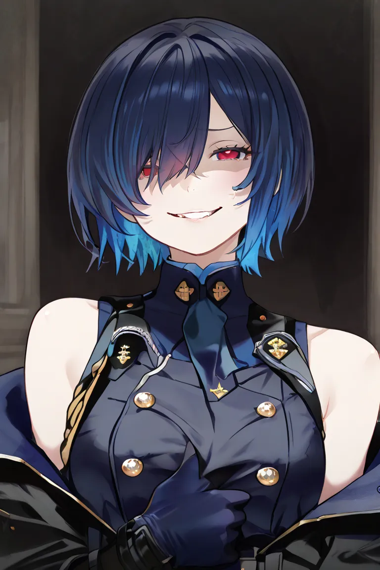 Uniform 1 Big Breasted Girl, blue hair, multicolored hair, detailed eyes, naughty expression,  evil smile, blue glove, red eyes,  short hair, hair over one eye, Navy blue uniform, black coat, Bare shoulders 