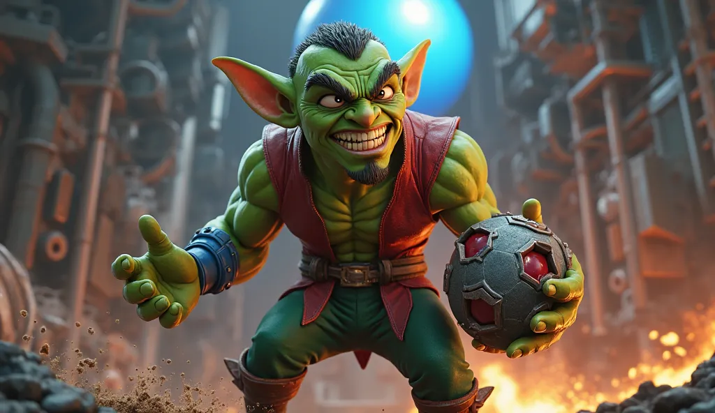 1"A high-quality 3D-rendered image of a goblin-like villain with green skin, sharp pointed ears, and furrowed brows, standing in an aggressive pose. He has an angry and determined expression, wearing a red sleeveless vest over his muscular upper body and g...