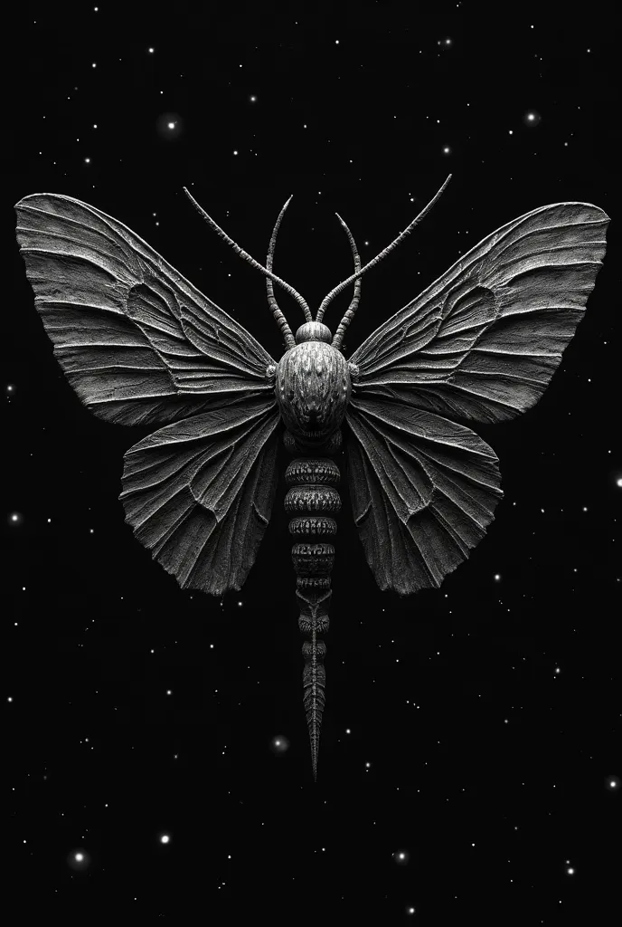 a moth  on a black background  with stars, uma foto em preto e branco de lovecraft, Highlight on Pexels, Gothic art, cosmic horror entity with wings, Cicada Wings, in front of a black background ,  on a black background , com um fundo preto dark,  dark, po...