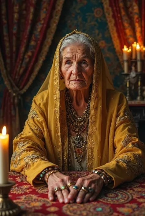 An elderly fortune teller,  over 80 years old , with a mystical and intense appearance, seated at a table adorned with a detailed Persian rug. She wears a luxurious golden tunic, with intricate embroidery encrusted and gemstones. Her veil is of a soft and ...