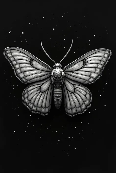 a moth em um fundo preto with stars, entidade cósmica de horror com asas, asas de cigarra, em frente a um fundo preto, em um fundo preto, com um fundo preto escuro,  escuro, portrait of a alien  escuro, detalhado.  escuro like, black and whitehighly detalh...