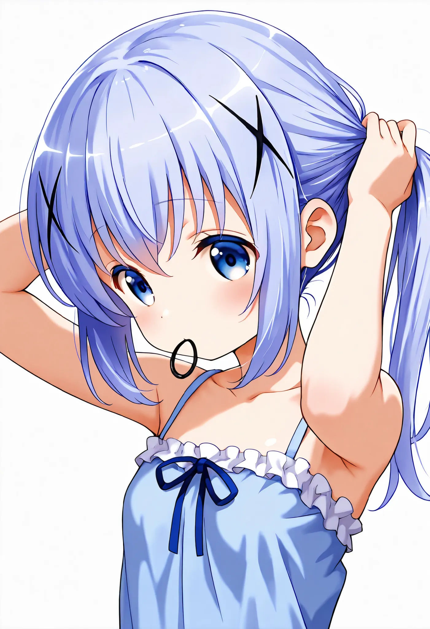 adjusting hair,push one’s hair back, nape of neck, hold hair clip in mouth ,1girl,(loli), camisole,kafuu chino, (petite),very cute ,small breasts,Original style, Very high quality, soft to the touch, beautiful,super detailed skin, high resolution, novel il...