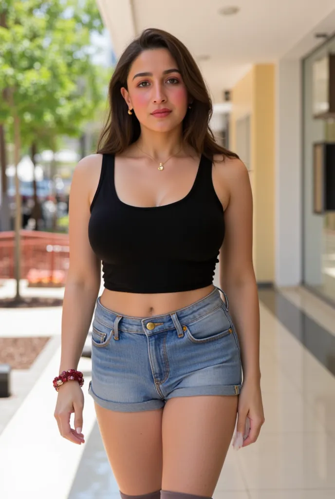 A beautiful hindu Indian milf, extremely pale white skin, blushing face, light brown hair, straight slick hair, huge pink lips, wearing sleeveless black Cropped tank top, tight denim short, high boots, golden necklace, golden jewelry, visible abs, wide wai...