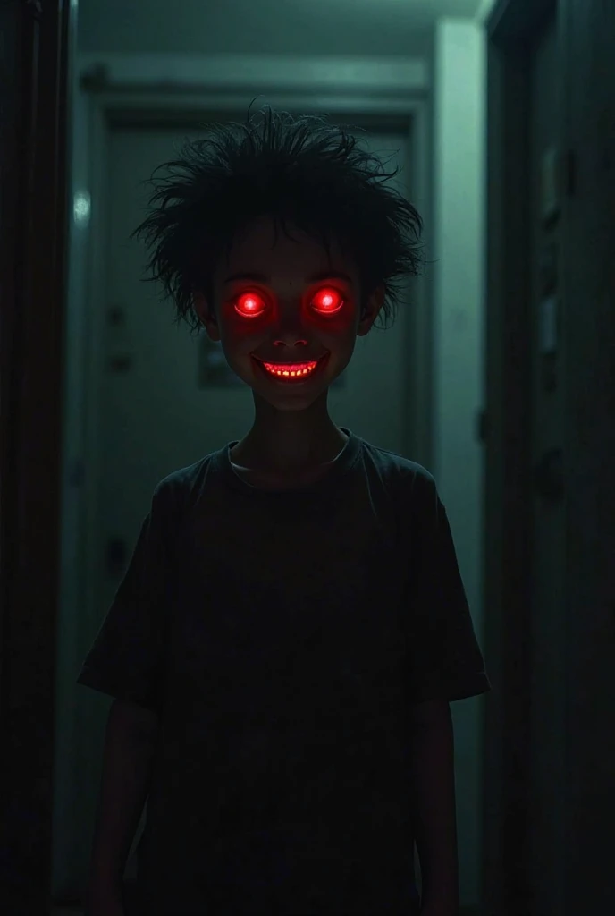 Create an image of your little brother from a horror movie, standing in a dark room. His eyes glow ominously with red light, and his face looks pale and unnatural. He smiles slightly, in the corners of the room but his smile looks too broad, creepy and unn...