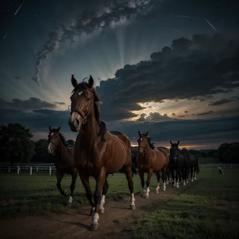 7 Horses, Surya Dev, Dark Sky, Stars, Halo Lights, Clouds, phone wallpaper size