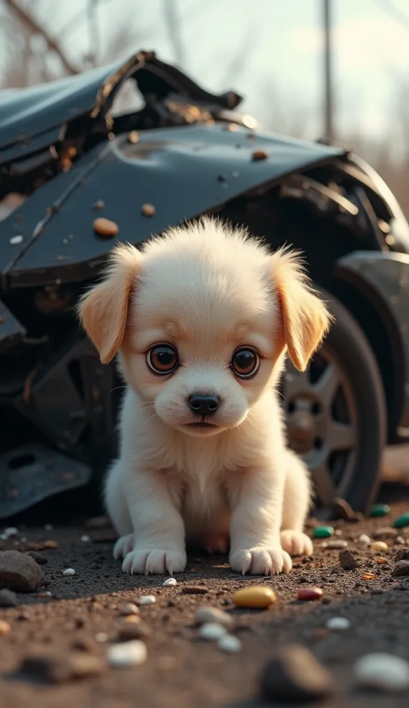 a little puppy face to a car accident