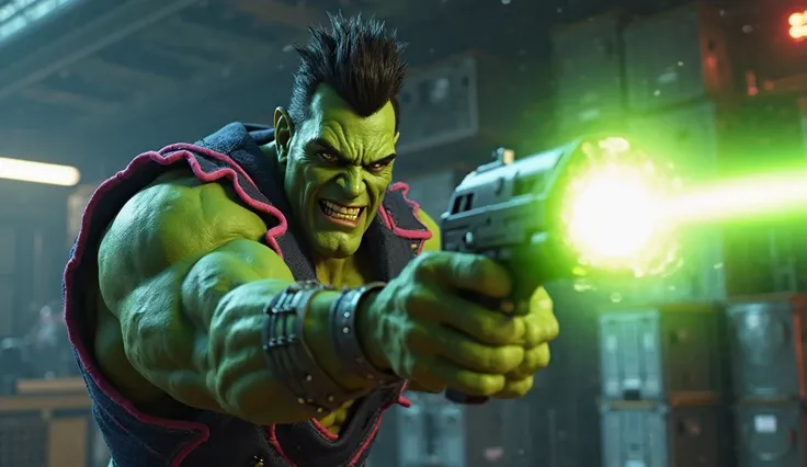 "A high-quality 3D-rendered action scene featuring a green-skinned, muscular villain with sharp features and dark, spiky hair. He has a fierce expression, narrowed eyes, and a determined snarl. He wears a sleeveless, dark blue vest with pink trim and studd...