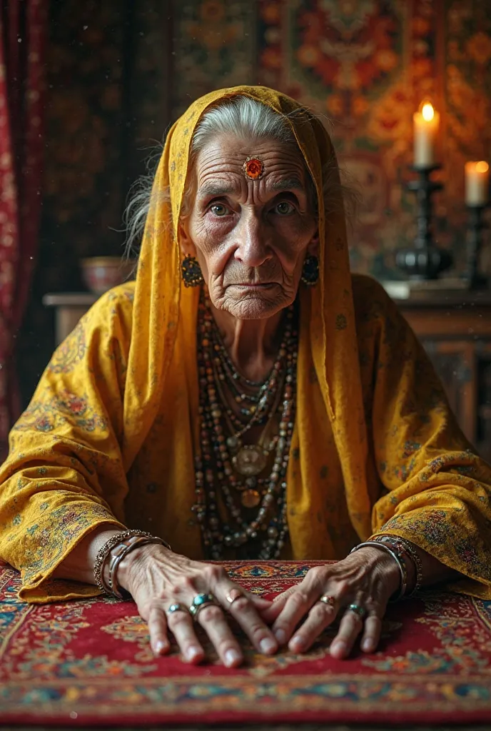 An elderly fortune teller, over 80 years old, with a mystical and intense appearance, sits in front of an ornate table covered with a detailed Persian rug. She wears a luxurious golden tunic with intricate embroidery and embedded gemstones. Her veil is a s...