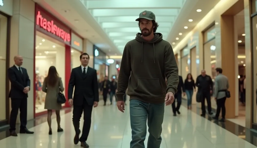 A busy shopping mall with bright lights and modern architecture. Keanu Reeves, dressed casually in jeans, a hoodie, and a baseball cap, walks through the mall, observing the stores with a thoughtful expression. A stern security guard, unaware of his identi...