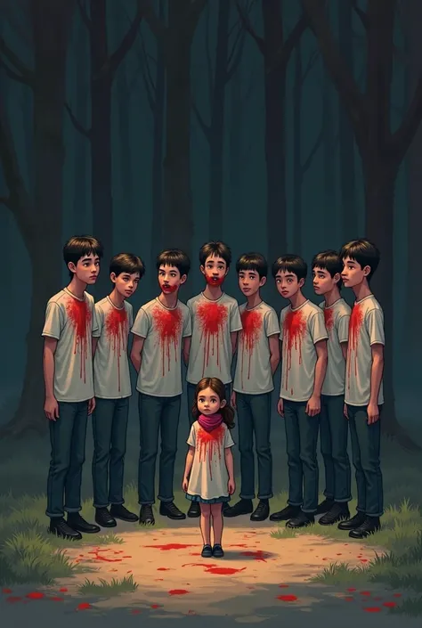 I will create cartoon characters that look like people.The background will be dark. Ten boys are standing in a park with red blood on their chests and their hands in their mouths, a girl is walking in front of them.