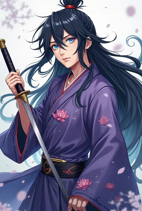 A handsome anime man age 22 years old . The man having blue ocean eyes with her black long hair . The man with a cold face but with a big heart  . The man wearing a Chinese robes of purple colour with little lotus print on it .  The man holding a sword in ...