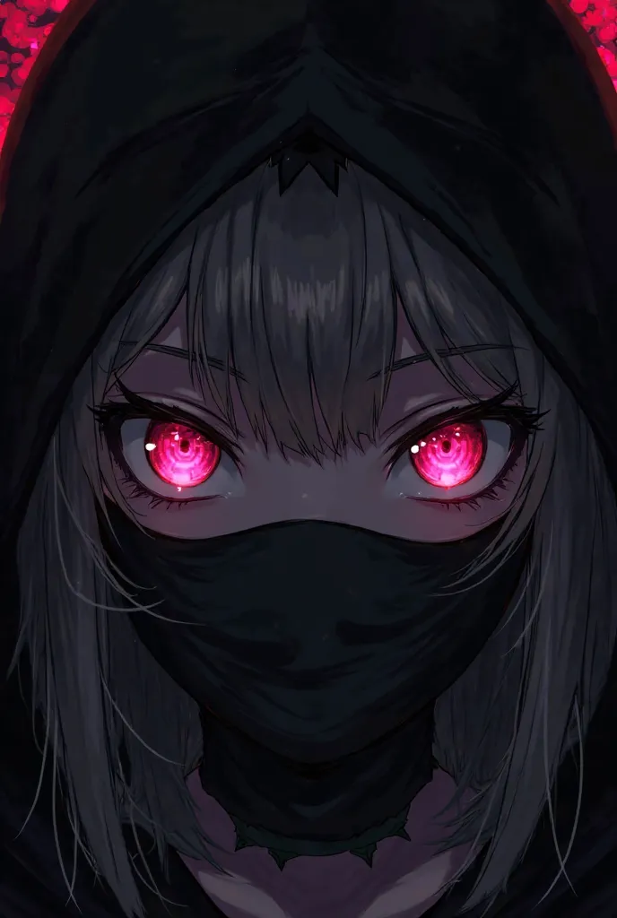 Anime girl looking directly at your head wearing a black hoodie with an evil appearance and a black mask, detailed pink eyes .
