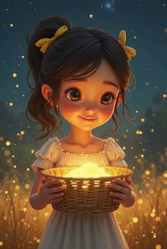 "An adorable , with dark brown hair tied in Maria-Chiquinha with small yellow ribbons, holding a wicker basket that shines with a magical golden light. She wears a simple white dress and has an expression of happiness and while Observe the glow inside the ...