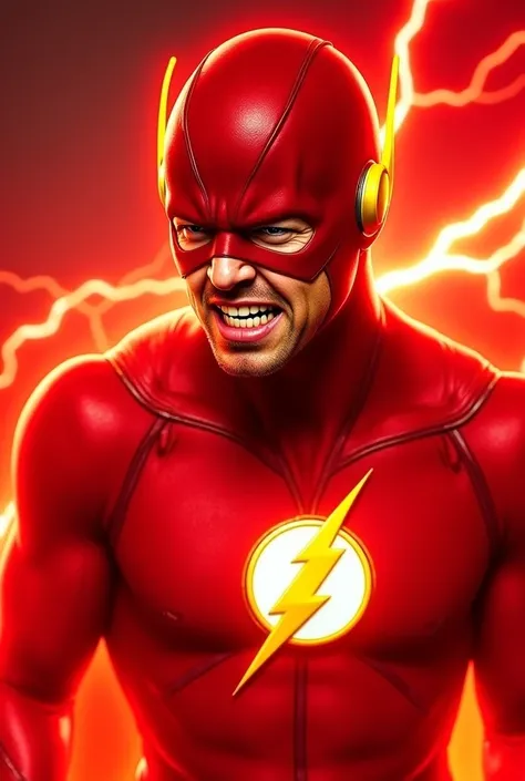 /imagine
A detailed, accurate and realistic image of The Flash, the superhero from the DC Comics universe, in a red costume with a mask covering most of his face, with an angry expression and exposed teeth. The background is filled with electrical energy a...