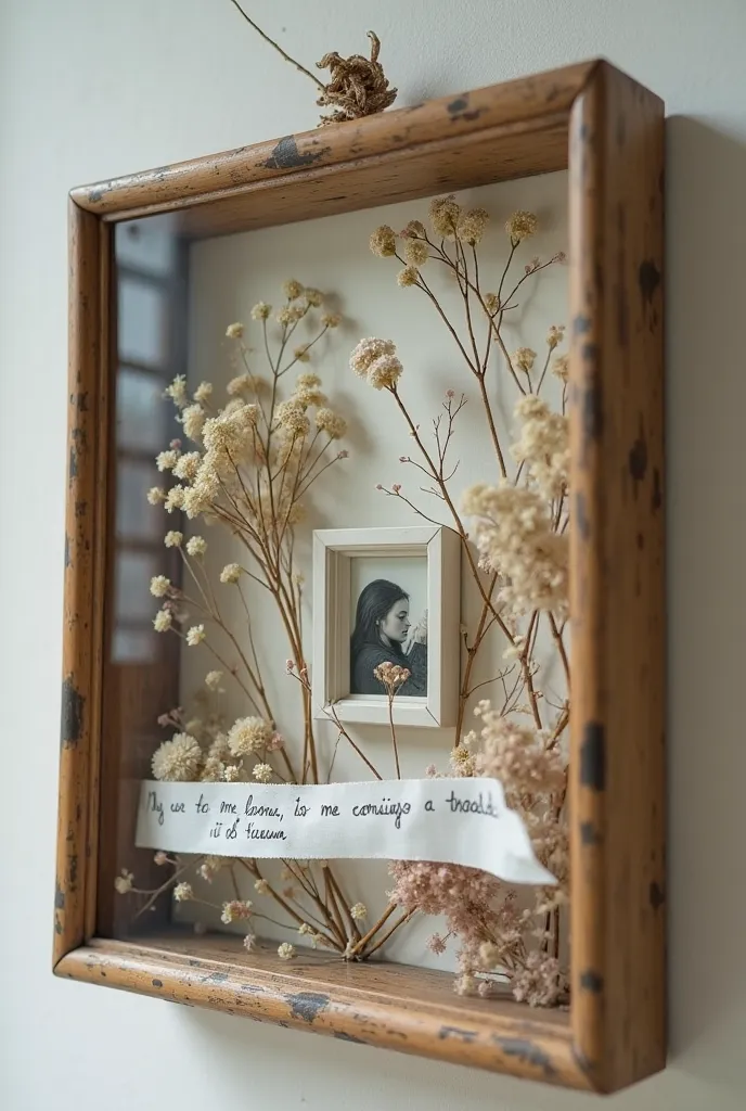 Frame with glass and behind the glass is a small image , dried flowers behind the glass   , a sentence on white paper from side to side of the frame and white ribbon behind the glass
