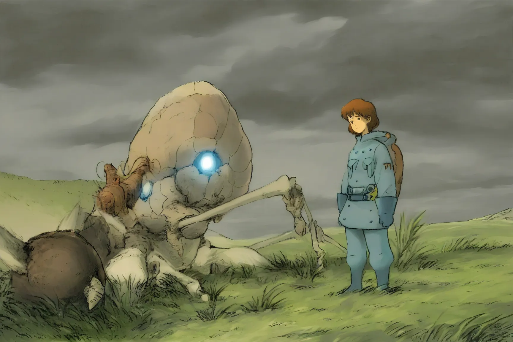 (studio ghibli) Nausicaa in her iconic explorer outfit, is walking through a wasteland area, she is headed for the skeletal remains of a long dead demon beetle, small patches of cute glowing fungoid rats and sickly patches of grass, gentle breeze, dark clo...