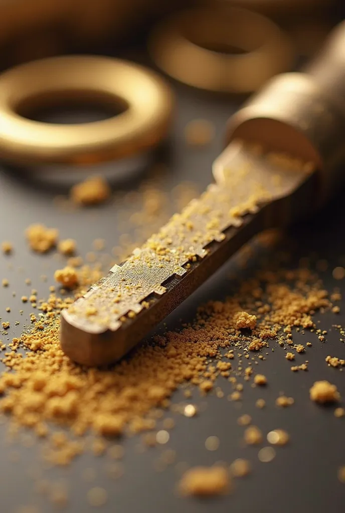 There is a locksmith file on the table with clear rows of teeth, very fine gold sawdust around, blurred gold rings of modern design in the background