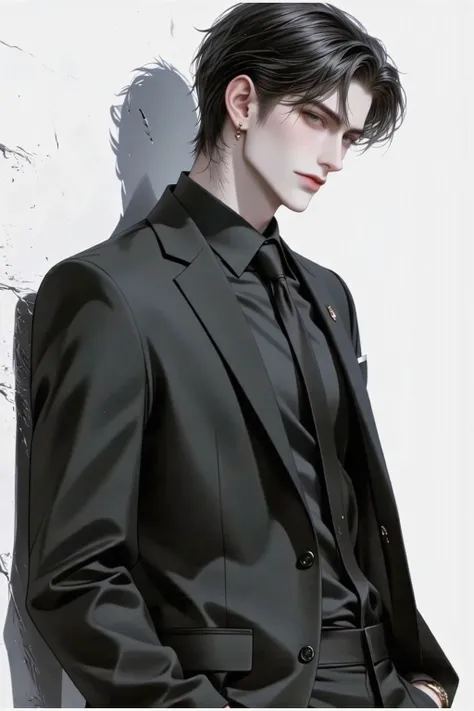 white background, black hair,  pomade hair ,  Sun-exposed hair,  looking at viewear-shaped , Anime boy, phwamen ,  black suit, cool face,  Looking back , black eye, 30s, man, standing leaning against a wall,  hand in pocket