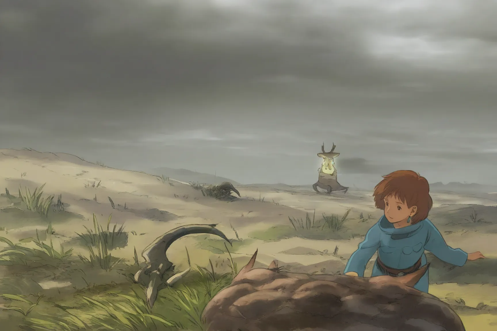 (studio ghibli) Nausicaa in her iconic explorer outfit, is walking through a wasteland area, she is headed for the skeletal remains of a long dead demon beetle, small patches of cute glowing fungoid rats and sickly patches of grass, gentle breeze, dark clo...