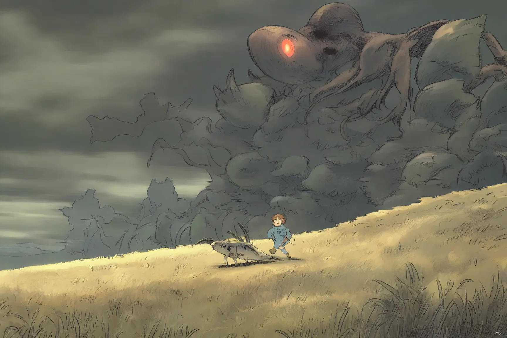 (studio ghibli) Nausicaa in her iconic explorer outfit, is walking through a wasteland area, she is headed for the skeletal remains of a long dead demon beetle, small patches of cute glowing fungoid rats and sickly patches of grass, gentle breeze, dark clo...