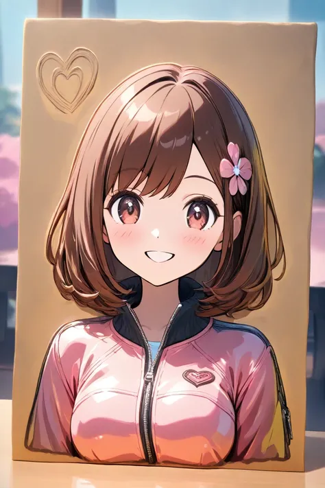  exercise sitting　Drunk 　 long brown hair　  pink flower hair ornament  　 medium breasts　pink heart sign　 　 embarrassing　  denim hotpants　 black tights　 Black Down Jacket　 blushes, smiles, clay rendering , 