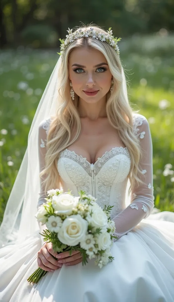 ((beautiful russian bride in wedding day)) (()) ((very intense blue pupil eyes)) ((dark eyeshadows make up)) (()) ((red lips)) ((straight long blonde hair)) ((big breast:1.5)) ((skinny body:1.3)) ((long sleeves white corset with, white lace tiny thong bott...