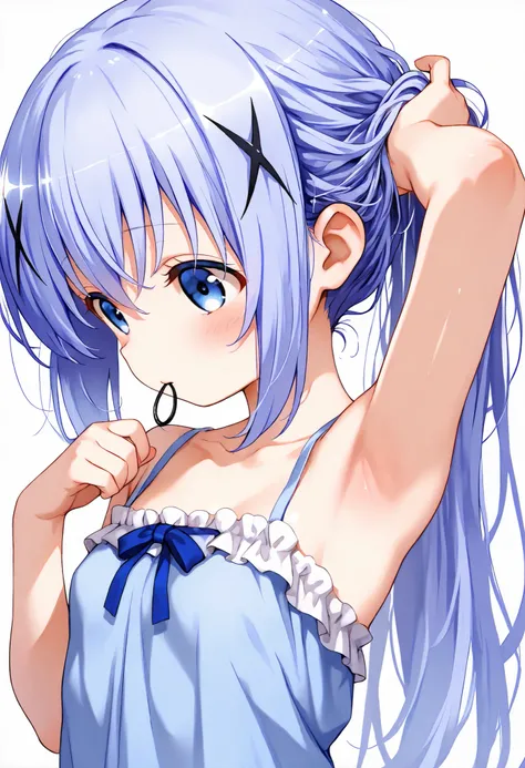 adjusting hair,push one’s hair back, nape of neck, hold hair clip in mouth ,Just turn your eyes, armpit ,1girl,(loli), camisole,kafuu chino, (petite),very cute ,small breasts,Original style, Very high quality, soft to the touch, beautiful,super detailed sk...