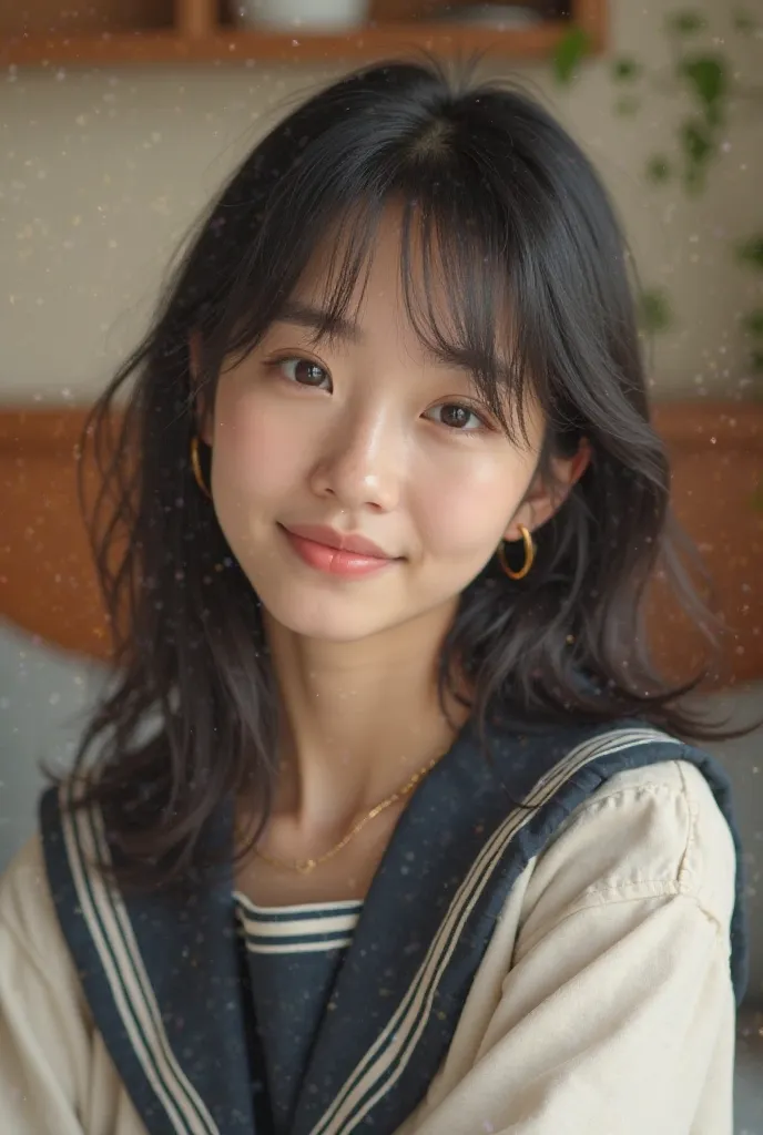 Hyper-realistic, photographic image of a 19-year-old girl with natural bangs that are parted and light black hair that is softly voluminous yet straight. She is smiling naturally. Her nails are unpolished with a natural color, and she is not wearing any ac...