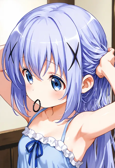 adjusting hair,push one’s hair back, nape of neck, hold hair clip in mouth ,Just turn your eyes, armpit ,1girl,(loli), camisole,kafuu chino, (petite),very cute ,small breasts,Original style, Very high quality, soft to the touch, beautiful,super detailed sk...