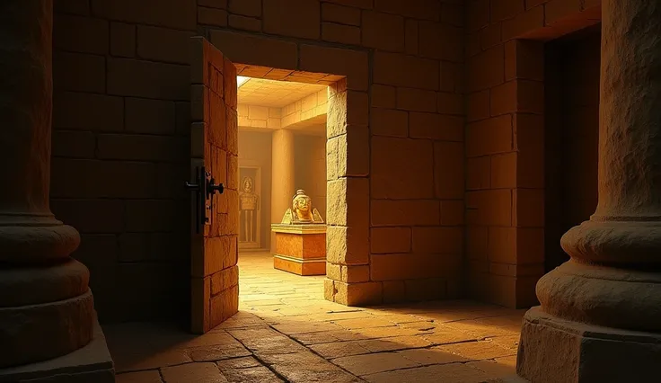 Create a dramatic image of King Tut’s tomb, with the tomb's stone door slightly ajar, revealing a glimpse of the royal burial chamber. Inside, there should be a faint glow illuminating the golden treasures and the sarcophagus. The scene should evoke myster...