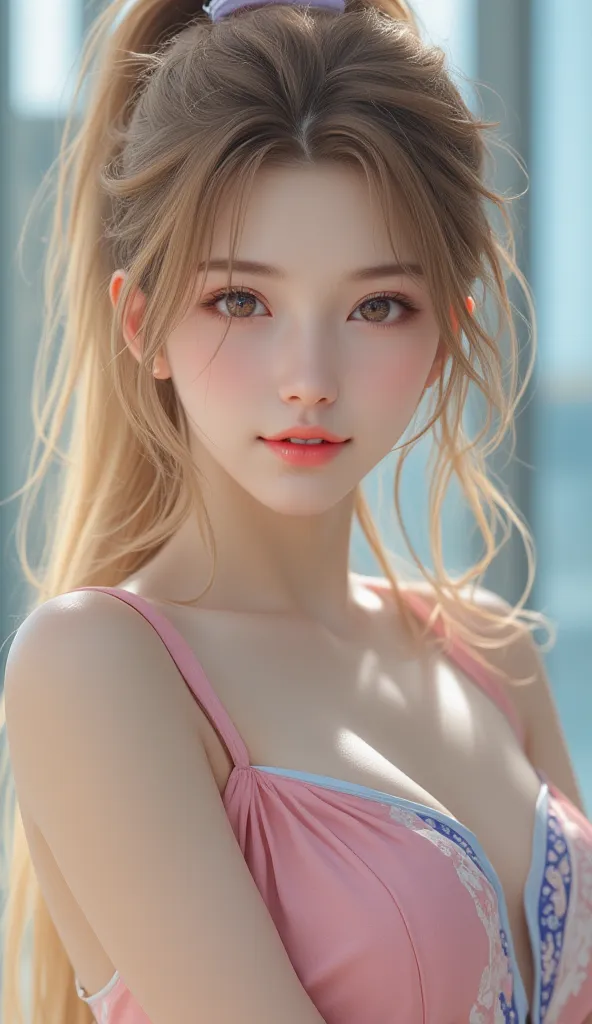 (  Super Cute Young Face  :1.1),(  Sparkling Clear Glamorous Eyes  :1.1), (Japanese idol's face :1.1),Super real,Surreal,  Very Beautiful Cute Girl  ,(Baby Face:1.2),(18 years old:1.2),, fine, smooth and soft long brownish yellow straight hair, fair skin,(...