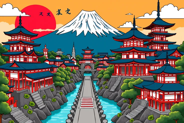 Japan's 5～features 7、create vibrant and playful graffiti-style illustrations.  The design must be clean ,  visually appealing , full of vibrant colors that evoke a sense of joy and surprise Please add. Combine traditional and modern locations, Mt. Fuji, et...