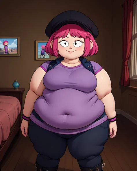 ((bedroom background)),score_9, score_8_arriba, score_7_arriba,score_6_arriba, 
1 girl, Alone , paulina(big fat body)_AP,  light leather balcony,  black eyes, bright pink hair, Short Hair, black cap, purple t-shirt, pink-black bracelets, dark blue sleevele...