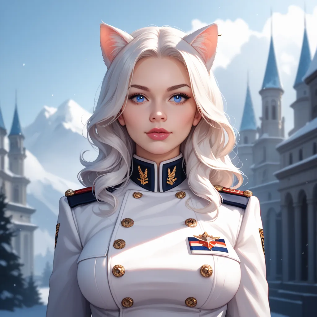  one woman、language、White cat ears、 blue eyes、 beauty、 clear、Big Breasts、 Cold Weather Military Uniform