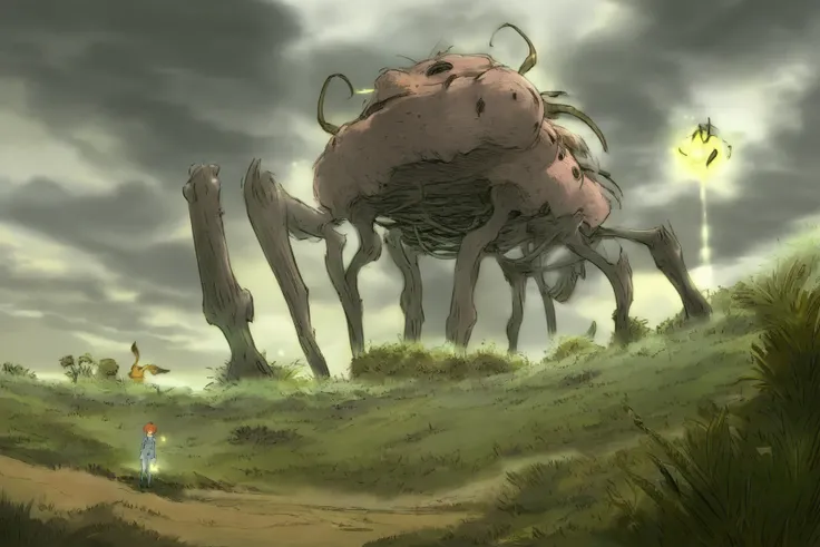 (studio ghibli) Nausicaa in her iconic explorer outfit, is walking through a wasteland area, she is headed for the skeletal remains of a long dead demon beetle, small patches of cute glowing fungoid rats and sickly patches of grass, gentle breeze, dark clo...