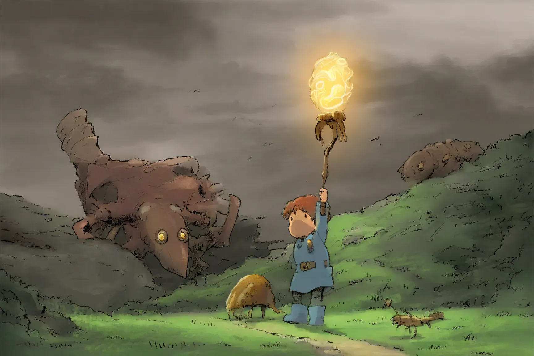 (studio ghibli) Nausicaa in her iconic explorer outfit, is walking through a wasteland area, she is headed for the skeletal remains of a long dead demon beetle, small patches of cute glowing fungoid rats and sickly patches of grass, gentle breeze, dark clo...