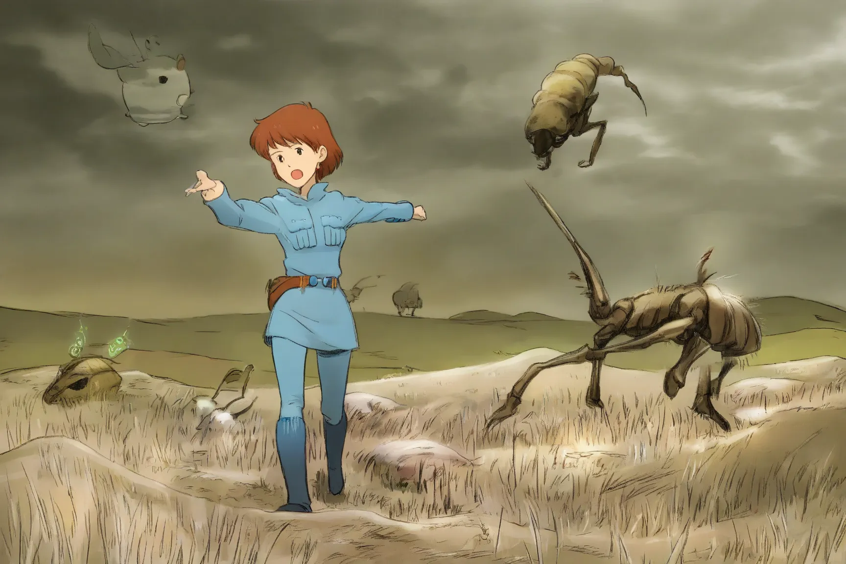 (studio ghibli) Nausicaa in her iconic explorer outfit, is walking through a wasteland area, she is headed for the skeletal remains of a long dead demon beetle, small patches of cute glowing fungoid rats and sickly patches of grass, gentle breeze, dark clo...