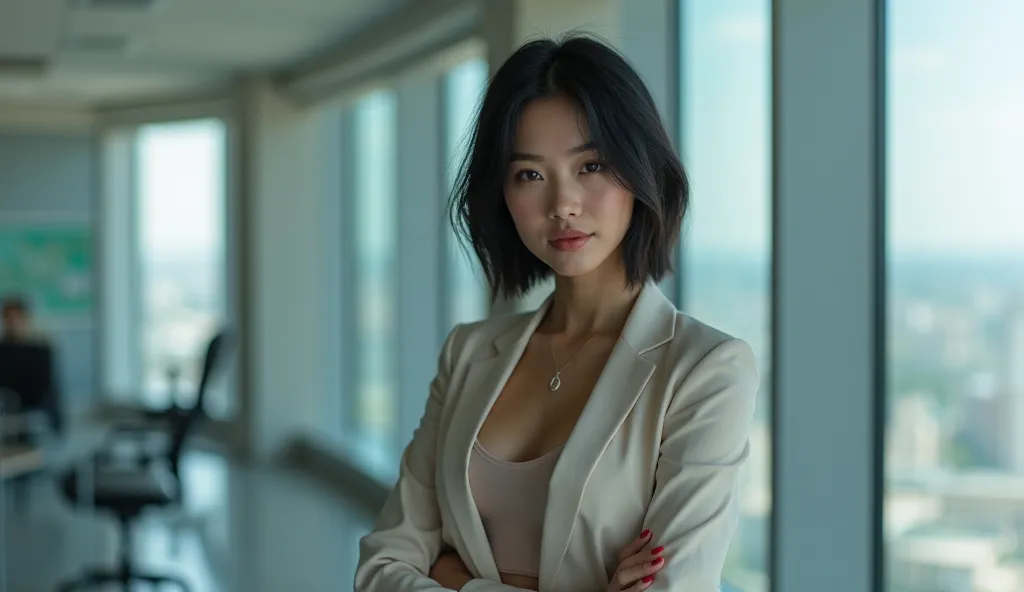 Pictures of beautiful 25 year old women,
Petite women in their 20s have white skin , beautiful big breasts, Beautiful long legs,Beautiful Hips,black short hair,See-through suit,

 in the background is an office in a high-rise building