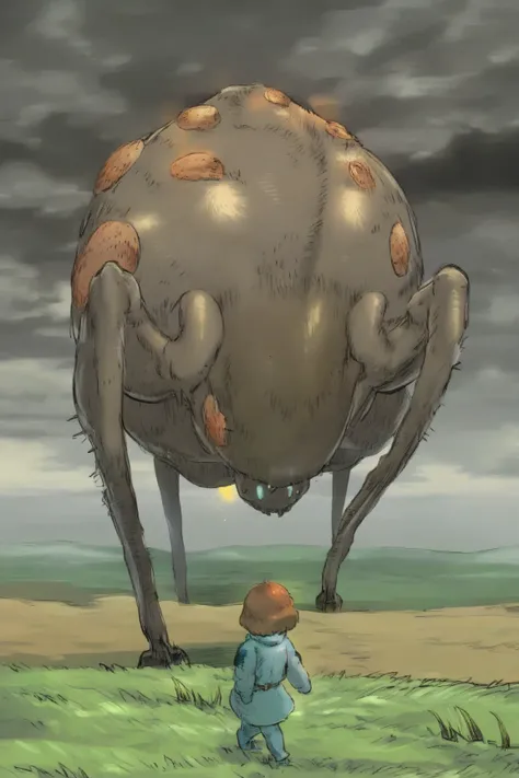 (studio ghibli) Nausicaa in her iconic explorer outfit, is walking through a wasteland area, she is headed for the skeletal remains of a long dead demon beetle, small patches of cute glowing fungoid rats and sickly patches of grass, gentle breeze, dark clo...