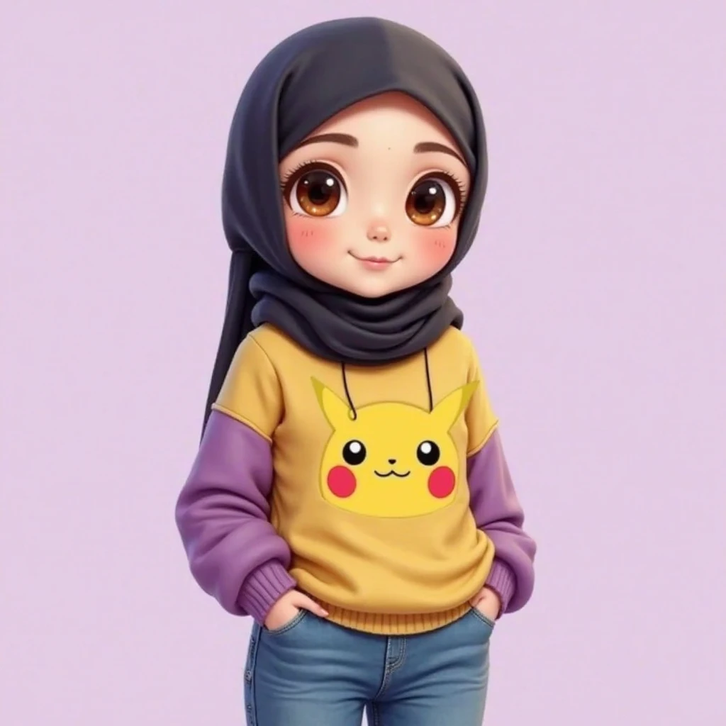 A realistic cartoon girl with brown eyes and her hair covered and cute and baby face, uses black hijab with a yellow and purple sweater and a  pikachu in the middle of the sweater and blue jeans and her hands in her pockets and showing the upper body with ...