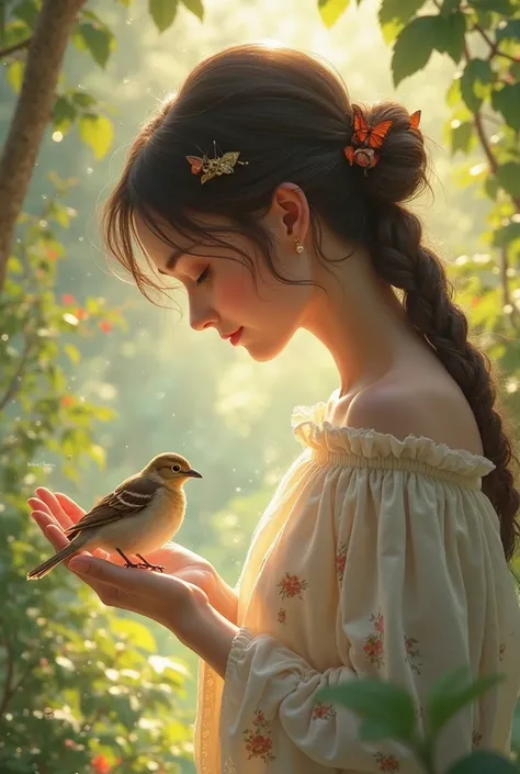 Make a picture of someone holding a sparrow in detail 